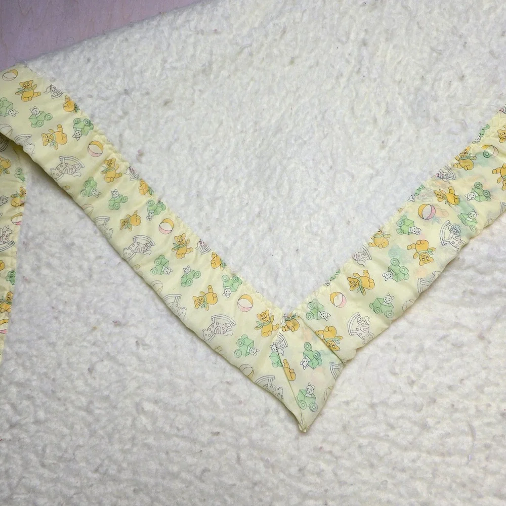 Vintage Nursery Teddy Bear Rocking Horse Baby Blanket Sherpa Satin Trim